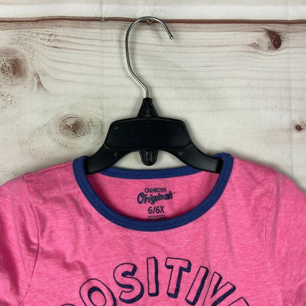 OshKosh‎ Top Girls 6 6X Pink Positive Vibes Graphic Short Sleeve Ringer T-Shirt